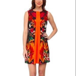 Ted Baker Barbee Orange Black Bold Tropical Toucan Print Front Pleat Mini Dress